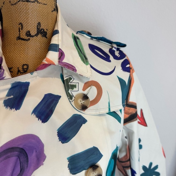 Rare DESIGUAL happy flower white trench coat graffiti paint Large - Picture 4 of 9